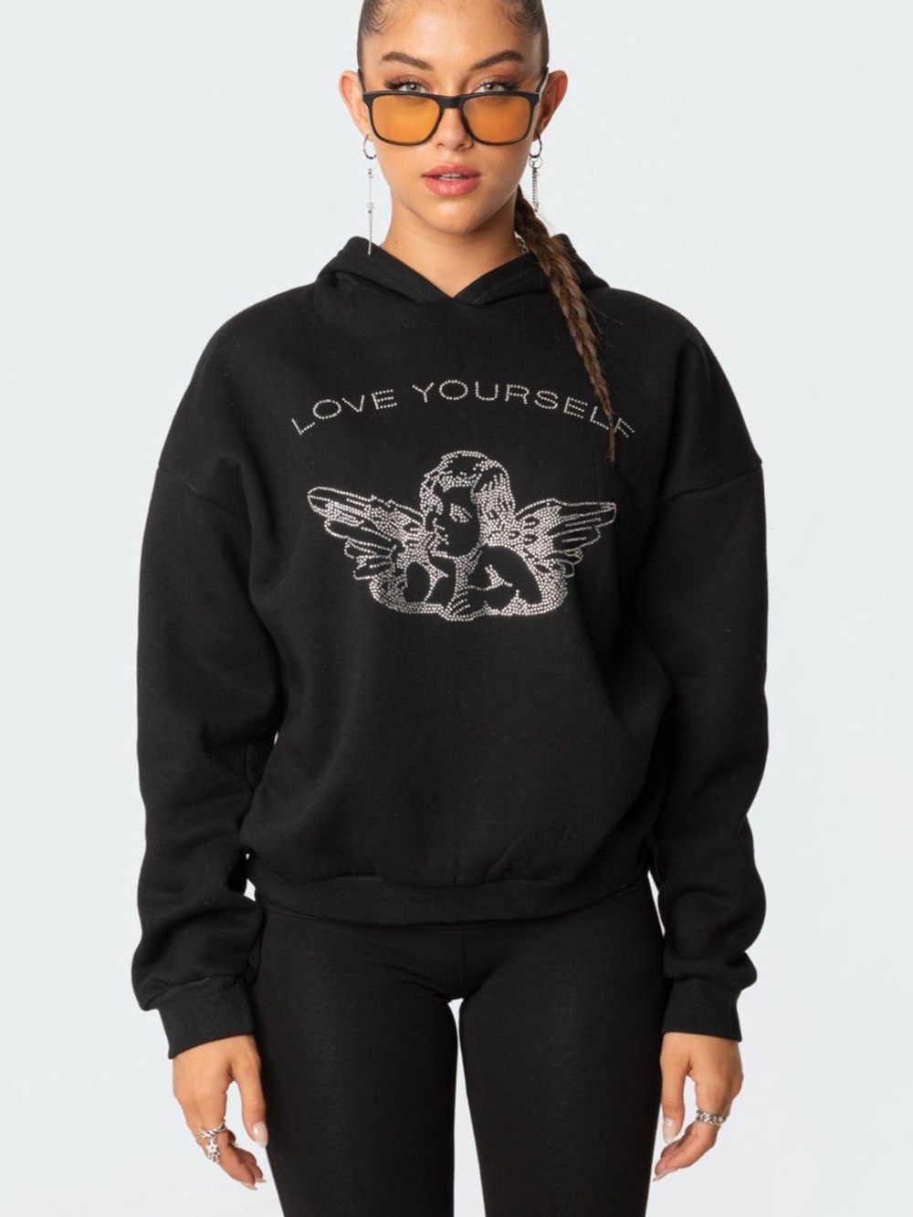 EUC Edikted Angie Rhinestone Angel Hoodie Black Size XS Y2K $88